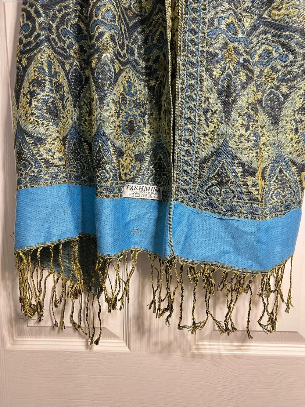 Pashmina Blue Gold Ornate Paisley Shawl Wrap Fringe Boho